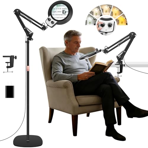 12X Large Floor Magnifying Glass with Light and Stand, Floor Magnifying Lamp Adjustable Height ,Infinite Color Dimmable, 4-in-1 Lighted Magnifier lamp for Close Work,Reading,Painting, Hobby（Black） - color: black（12x）