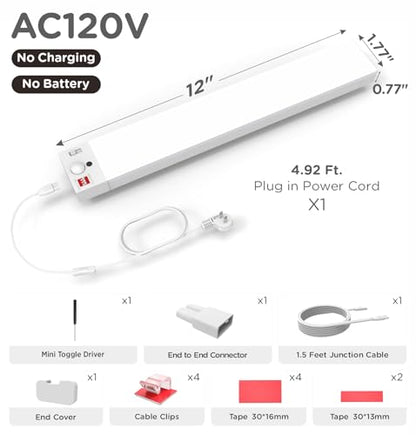 Under Cabinet Lighting Plug in, AC120V 3CCT 3000/4000/5000K Motion Sensor Light Indoor with Timer, Super Bright Linkable LED Counter Light for Kitchen, Closet, White 12 Inch, 1Pack - size: 12 Inch