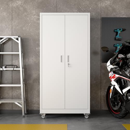 Aobabo Steel Garage Cabinet with Wheels, 71" H x 32" W x 16" D, White | 5 adjustable shelves, lockable doors, pegboard panel and 4 casters with 2 locking brakes; assembly required. - color: White, size: 16"D x 32"W x 71"H-0 Drawers