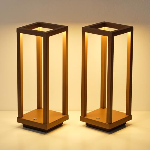PUSU Cordless Waterproof Table Lamps Set of 2, Brown LED Outdoor Desk Lamp | Rechargeable 4000mAh Battery Operated, 2700K 3-Level Dimmable, Portable Lighting for Patio, Camping, Bedroom, Night Light - color: Matte Brown (2 Pack)