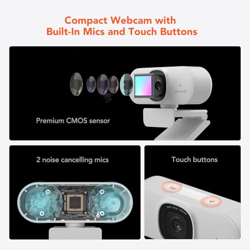 NUROUM V15AF 2K Webcam for PC, 1080p 60FPS AutoFocus Web Camera with Microphone, Privacy Cover and Mute, 75°FOV Dual Microphone USB FHD Computer Camera, Plug and Play for Zoom/Skype/Teams, White - style: V15AF-White