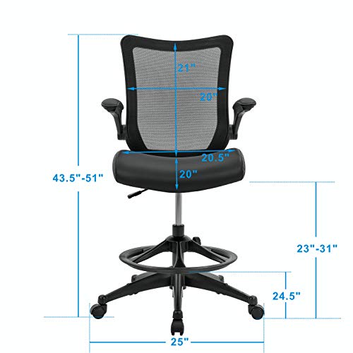 OfficeFactor Drafting Chair Tall Office Chair, 300 lb Capacity Standing Desk Chair, Adjustable & Ergonomic Desk Chair, Flip-Up Armrests, Mesh Back, Comfortable Leather (Black) - color: Black Drafting Chair