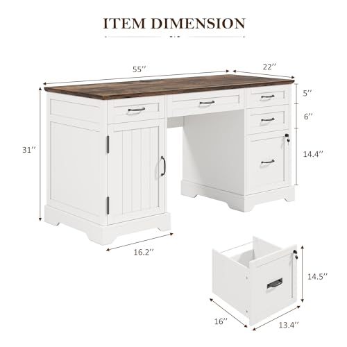 Alohappy 55'' Farmhouse Executive Desk with File Cabinet, Home Office Wood Computer Desk with Drawers and Power Outlets, White - color: White, size: 55''