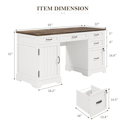 Alohappy 55'' Farmhouse Executive Desk with File Cabinet, Home Office Wood Computer Desk with Drawers and Power Outlets, White - color: White, size: 55''