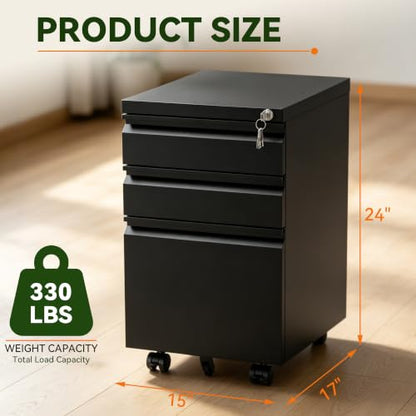 SAWJEC 3 Drawer Mobile File Cabinet with Lock, Fully Assembled, Black - color: 02b-black