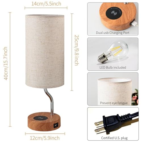 Set of 2 Smart Bedside Table Lamp with Wireless Charger & USB Port - Touch Control LED Desk Lamp for Bedroom, Dimmable Wooden Nightstand Lamp with Fabric Shade for Living Room, Kid's Room, (Cream) - color: Set of 2(Cream)