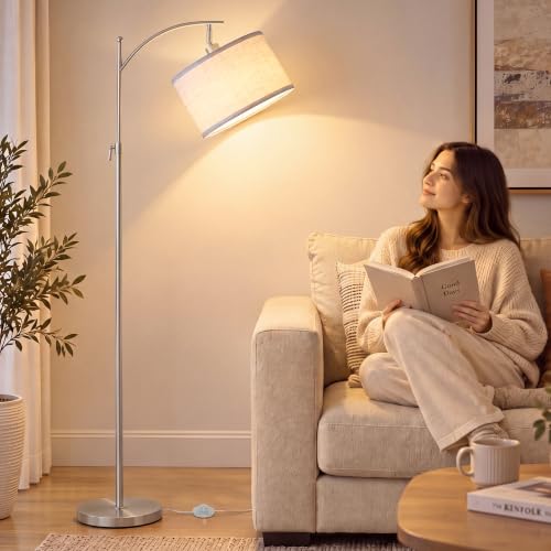 Brushed Nickel Arc Floor Lamp Adjustable Height 55-63in 3 Color 9W LED Bulb - color: Silver+White Shade-Arc