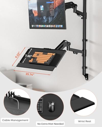 PUTUOSEN Wall Mount Monitor Arm with Keyboard Tray for 17 to 32 Inch | Height Adjustable Full-Motion Spring Arm Wall Mount Workstation Holds up to 26.4lbs, VESA 75x75/100x100mm,Black - size: 17-32 Inch