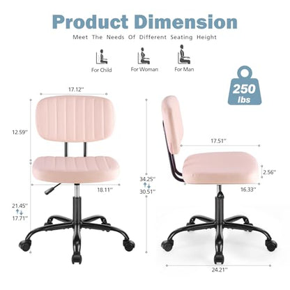 DUMOS Armless Home Office Chair: Small Desk Chair with Low Back Lumbar Support, Height Adjustable PU Leather Computer Task with 360° Swivel Wheels, for Adults, Pink - color: Pink