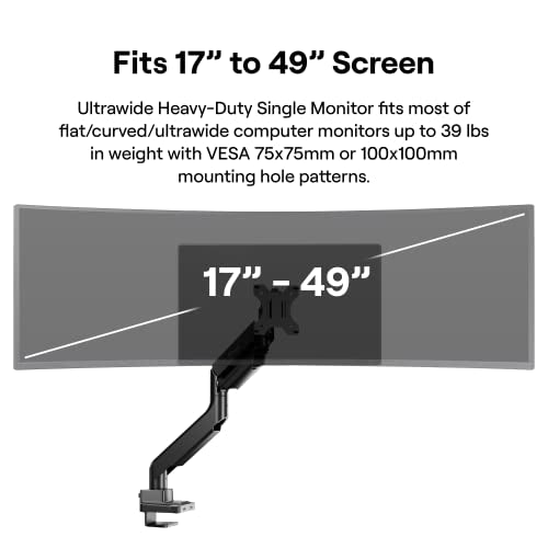 Pixio PS2S Ultrawide Heavy-Duty Premium Single Monitor Arm Stand Desk Mount - Fits up to 49 inches Monitors, Weights up to 39lbs Flat / 31lbs Curved, Compatible with VESA 75x75mm 100x100mm - color: Black, size: Single 17"-49"