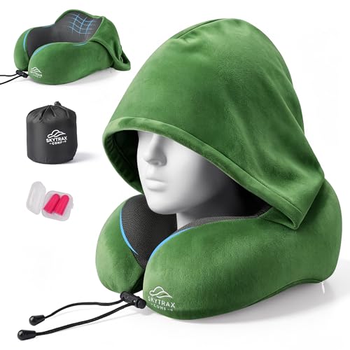 SkytraxComf® Travel Neck Pillow with Hood for Privacy on Long Flights | Memory Foam | Airplane Sleep | Safety-Tested Materials | Extra Large Hood | Chin Support | Earplugs | Washable Cover - color: Olive