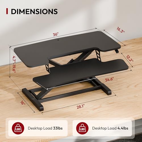 SANODESK 36" Standing Desk Converter, Adjustable Sit to Stand Desk Riser with Effortless Lifting for Home Office, Desk Topper for Dual Monitors, Computer Lift with Keyboard Tray, Black - color: Black, size: 36"