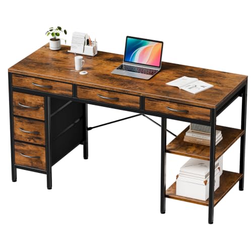 55" Computer Desk with 6 Drawers,Storage Shelves - color: Brown, size: 55-in