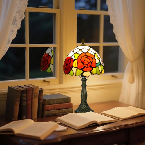 8 Inch Small Tiffany Style Table Lamp with Remote Control, Three Roses - color: Three Roses