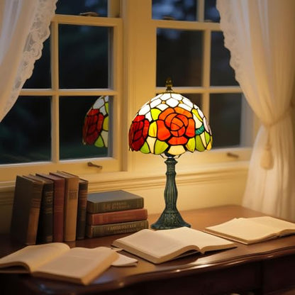 8 Inch Small Tiffany Style Table Lamp with Remote Control, Three Roses - color: Three Roses