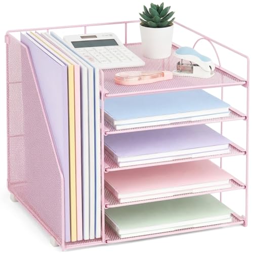 LEKETREE Desk Organizers and Accessories, 5-Tier Paper Letter Tray Organizer with File Holder, Desktop Organizer for Office Supplies (Pink) - color: Pink, size: 12" x 12" x 12"
