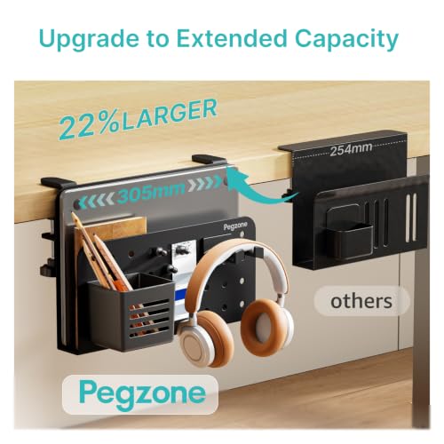 PEGZONE Desk Side Storage Organizer, Fits Flat Edge 0.4" to 2.2", Black | No Drill Under Desk Laptop Holder, Clamp on Desks Shelf with Pegboard Accessories, Hanging Laptop Mount - color: Black
