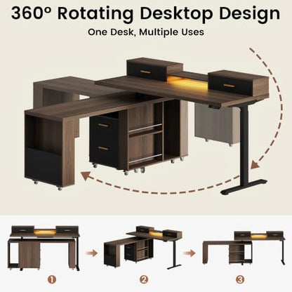 61'' L Shaped Electric Standing Desk, 360° Rotating, 4 Drawers | Height Adjustable Desk with LED Light, Monitor Riser & File Cabinet, Sit Stand Home Office Desk, Power Outlet, Black Walnut