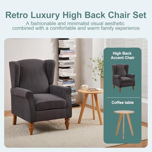 Mid-Century High Wingback Chair Set of 2,Modern Fabric Accent Chair Armchair with Solid Wood Coffee Table Set,Leisure Single Sofa Chair for Living Room,Club,Home Reception,Antique Dark Grey - color: Antique Dark Grey Set of 2