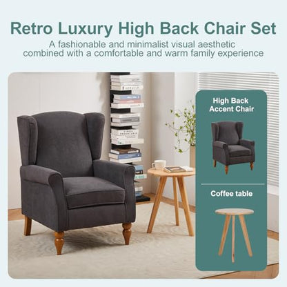 Mid-Century High Wingback Chair Set of 2,Modern Fabric Accent Chair Armchair with Solid Wood Coffee Table Set,Leisure Single Sofa Chair for Living Room,Club,Home Reception,Antique Dark Grey - color: Antique Dark Grey Set of 2