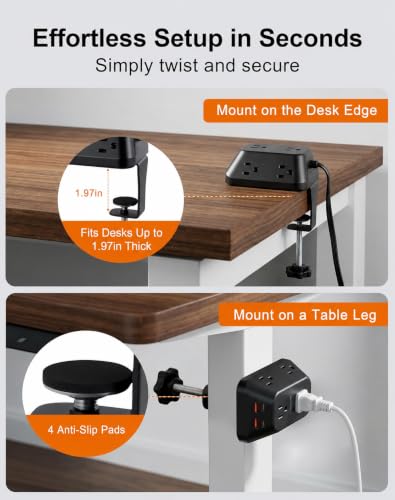 Desk Clamp Power Strip, 6 AC, 2 USB-C & 2 USB-A, 1440J, 6FT Cord - size: 6FT-Black