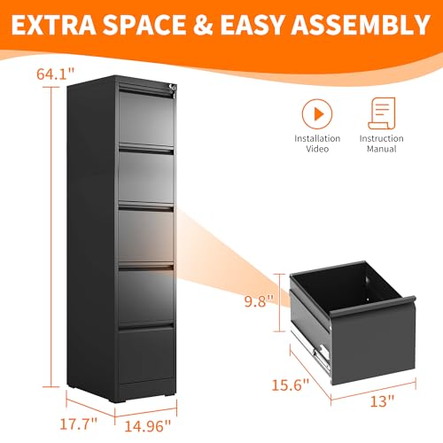 Metal File Cabinet with Drawer Heavy Duty Locking File Cabinets | Home Office Steel Filing Cabinet Vertical File Cabinets for Legal/Letter Size File,Assembly Required - color: Black, size: 64.2"H-5 drawers