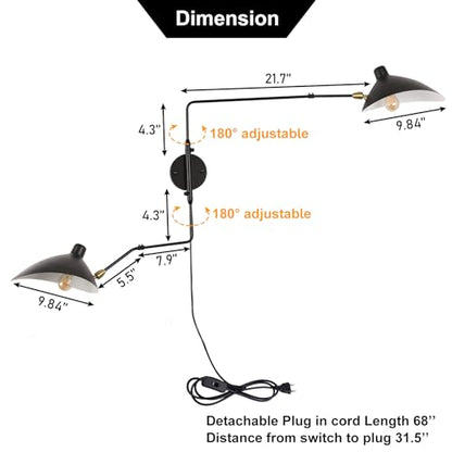 Modern 2-Light Swing Arm Plug In Wall Lamp, Adjustable Industrial Wall Sconces For Bedroom, Retro Cordless Beetle-Shade Wall Light Fixtures For Living Room, Wall Mounted Reading Lamp, Black