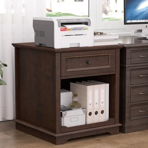 REDAYFUR Lateral File Cabinet 3 Drawer File Cabinet with Charging Station, Wood Lateral Filing Cabinet, Printer Stand with Open Adjustable Storage Shelves for Home Office, Cherry - color: Cherry