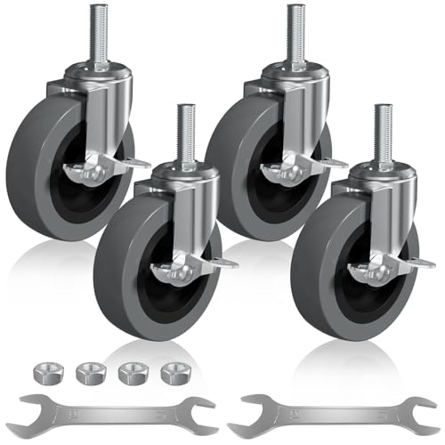 4 Inch Caster Wheels 1/2" -13 x 1-1/2" Locking Threaded Stem Castor 4 Pack | Non Marking Industrial Screw in Casters Heavy with Side Brake, Duty TPE Swivel Castors for Dolly Cart, Wire Shelving - style: Gray-With Brakes