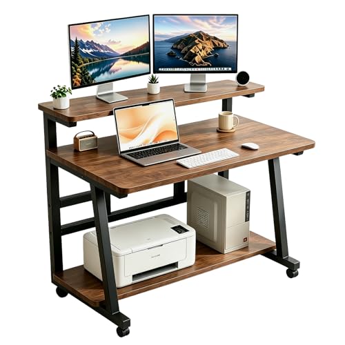 47.2 Inch Compact Rolling Computer Desk with Tier Worktable & Lockable Wheels, Small Computer Desk, Small Desk for Bedroom, Mobile Writing Workstation Easy Assembly for Home Office Small Spaces - color: Frame：black/Board：rustic Brown, size: 47.2“*19.7''