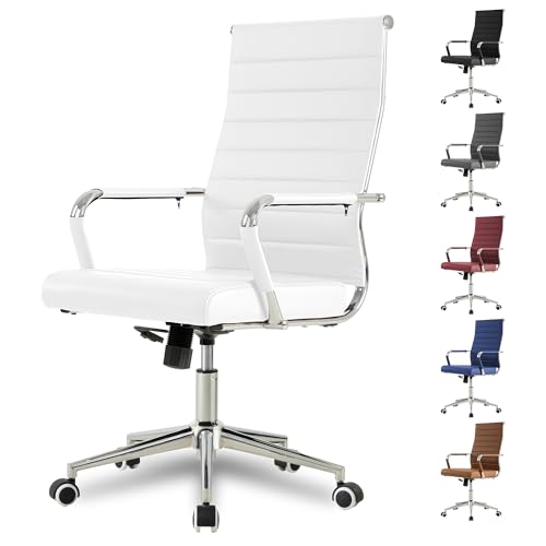 Okeysen White Office Desk Chair, Ergonomic Leather Modern Conference Room Chairs, Executive Ribbed Height Adjustable Swivel Rolling Chair for Home Office. - color: White