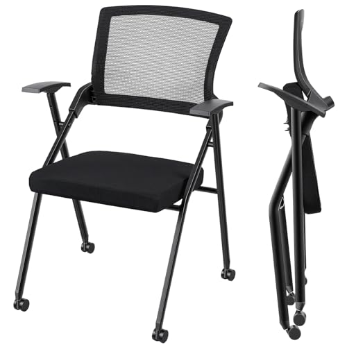 Foldable Office Chair with PU Wheels, Stackable Conference Room Seating Featuring Ergonomic Mesh Back and Armrests, Guest Reception Meeting Furniture, 300lbs Heavy Duty Capacity Black 1PC