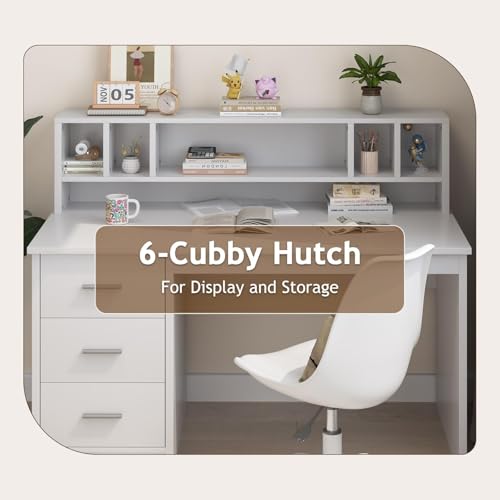MaverickFurni White Desk with Drawers, 46" Home Office Desk with Hutch and Storage, Small Desk with 3 Drawers for Bedroom, White - color: White