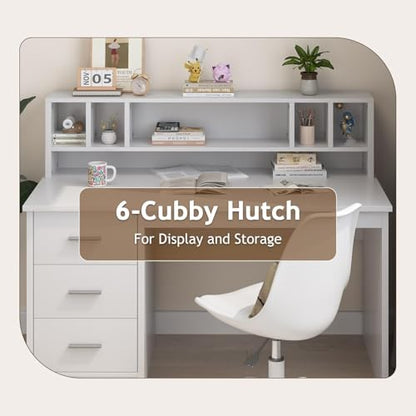 MaverickFurni White Desk with Drawers, 46" Home Office Desk with Hutch and Storage, Small Desk with 3 Drawers for Bedroom, White - color: White