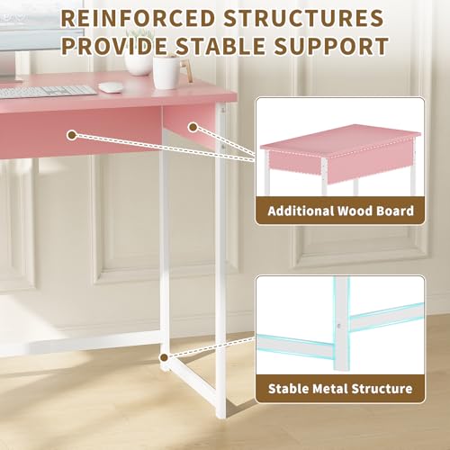 ALISENED Home Office Desk, Sturdy and Stable Computer Desk, 37.5 Inch Computer Desk, Office Desk with Metal Frame, Study Table for Home Bedroom, Pink - color: Pink, size: W-37.5in