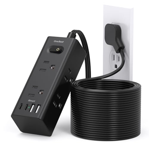 20Ft Extension Cord with Multiple Outlets, Flat Plug Power Strip Surge Protector with 20 Ft Long Cord, 6 Outlet 4 USB Ports (2 USB C), Multi Outlet Wall Plug for College, Dorm Room Essentials(Black) - color: Black, size: 20FT