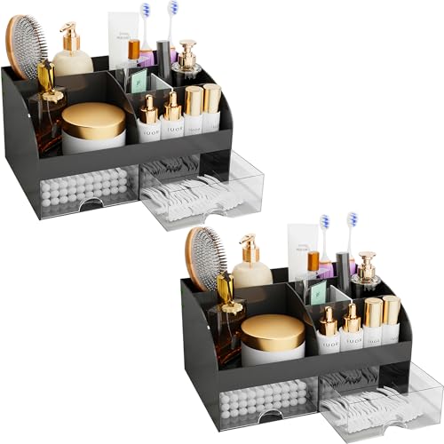 Makeup Organizer with Drawers, Cosmetic Storage for Dresser Vanity and Bathroom Countertop, Beauty Holder for Lipstick Brush, Skincare Organizer for Vanity, Cosmetic Display Case (Black-2Pack) - color: Black-2Pack