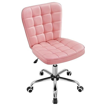 Yaheetech Pink Tufted Armless Office Desk Chair with Wheels, Faux Leather - color: Pink