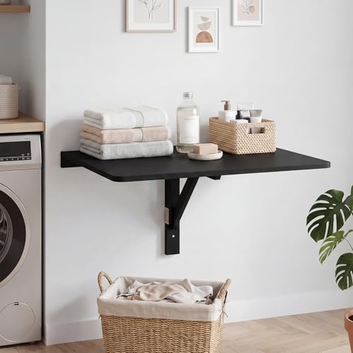 GIANTEX Wall-Mounted Folding Desk, Wooden Floating Laptop Table with Drop Leaf Design, Space-Saving Foldable Wall Desk for Study, Bedroom, Living Room, Laundry (Black) - color: Black