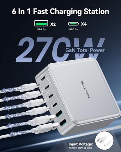 Rocoren 270W GaN 6‑Port Charging Station,100W PD Fast Charger Block Dock - color: Sliver-270W