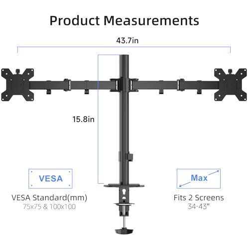 Suptek Dual Monitor Desk Mount, Adjustable Dual Monitor Arm for 2 Monitor Screens up to 43 inch, 15.75" Pole Monitor Stand for Desk, Holds up to 26.5 lbs, Black(MD9442LB) - color: Black, size: 34"-43"