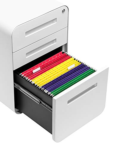 Laura Davidson Furniture Stockpile 3 Drawer File Cabinet with Lock - Under Office Desk Metal Filing Cabinet, Legal/Letter File Folders, Wheels and Stationary Feet, Pre-Assembled, White - color: White
