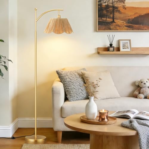 Ambimall 60" Floor Lamps for Living Room with 3 Color Temperatures, Gold Floor Lamp with Rattan Shade, Modern Tall Lamps for Bedroom Office, 9W LED Bulb Included - color: Boho & Gold, size: 60 inches