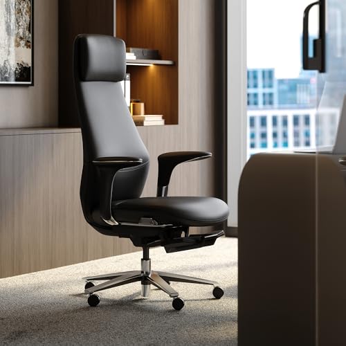 TOMU Executive Office Chair with Foot Rest, Top Grain Genuine Leather Office Chair, Ergonomic High Back Design. Real Leather, Wheels, Alumium Base. Padded Armrest, Luxury and Comfy (Black) - color: Black
