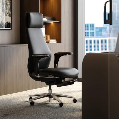 TOMU Executive Office Chair with Foot Rest, Top Grain Genuine Leather Office Chair, Ergonomic High Back Design. Real Leather, Wheels, Alumium Base. Padded Armrest, Luxury and Comfy (Black) - color: Black