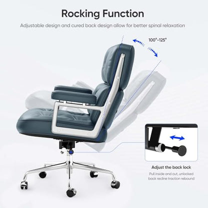Genuine Leather Office Chair, Mid Back Executive Desk Chairs with Aluminum Arms and Wheels, Swivel Office Leather Chair with Thickened Backrest and Ergonomic Lumbar Support, Dark Blue - color: Dark Blue