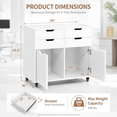 POWERSTONE Mobile File Cabinet with 4 Drawers & 2 Door, Rolling Under Desk Storage Chest with Lockable Wheels, Wood Printer Stand for Home Office Craft Room, White - color: White