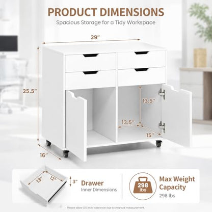 POWERSTONE Mobile File Cabinet with 4 Drawers & 2 Door, Rolling Under Desk Storage Chest with Lockable Wheels, Wood Printer Stand for Home Office Craft Room, White - color: White