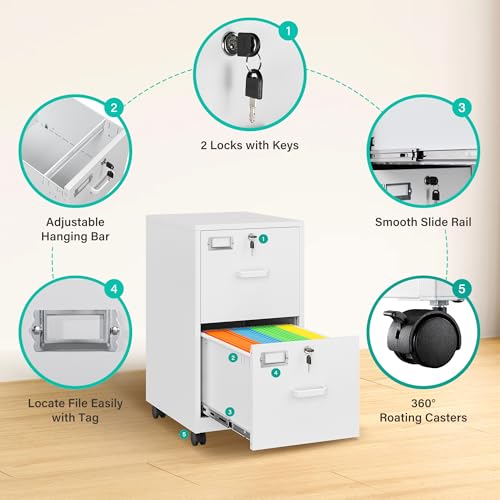 2 Drawer File Cabinet with Lock and Wheels,White Rolling File Cabinets,Locking Mobile Metal Filing Cabinet for Home Office,Under Desk,Fit A4/Letter/Legal File, Easy Assembly - color: White, style: 2 Drawer with Wheels
