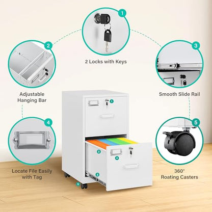 2 Drawer File Cabinet with Lock and Wheels,White Rolling File Cabinets,Locking Mobile Metal Filing Cabinet for Home Office,Under Desk,Fit A4/Letter/Legal File, Easy Assembly - color: White, style: 2 Drawer with Wheels